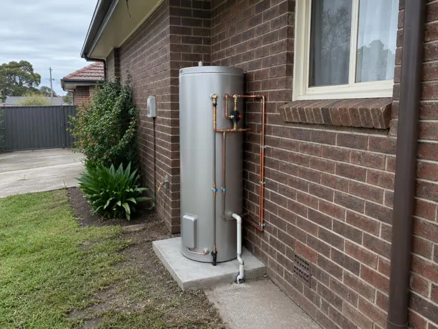 Outdoor hot water cylinder beside a brick house wall with copper pipework and a concrete pad in Hamilton